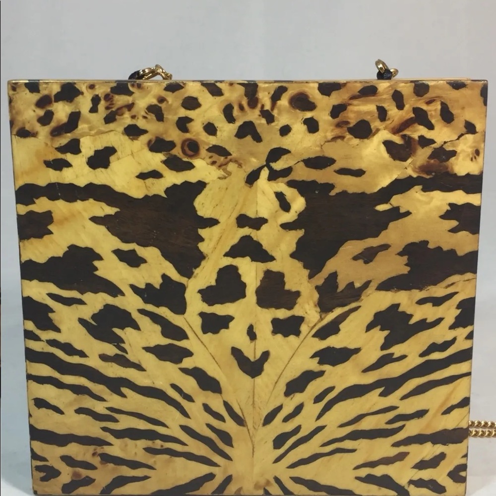 New Handmade Minaudière Wood Hand Painted Tiger Safari Brown Square Gold Chain - Picture 8 of 12